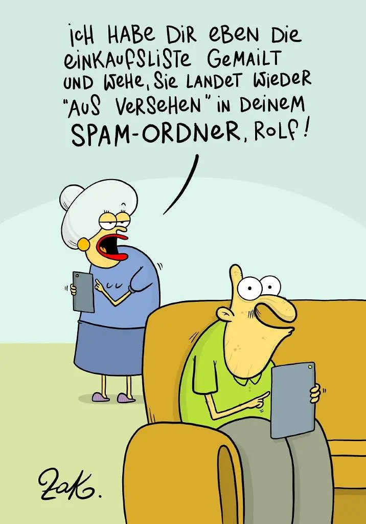 Eine Frau fragt ihren Mann, ob die Einkaufsliste wieder im Spam-Ordner gelandet ist