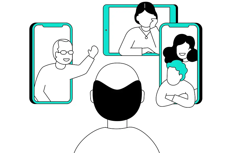 Eine Illustration mit Menschen vor einem Browserfenster