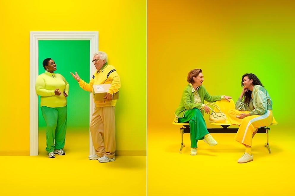 Eine Collage von zwischenmenschlichen Situationen vor gelben Hintergrund