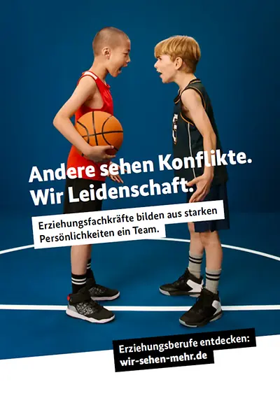 Postkarte zur Erziehungsberufe-Kampagne - Motiv "Andere sehen Konflikte. Wir Leidenschaft."